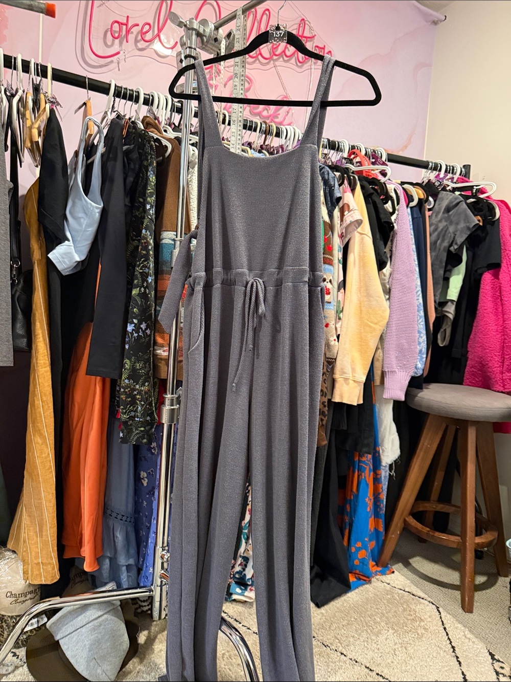 BUCKETLIST Waffle-Knit Wide-Leg Jumpsuit in Slate Blue-Gray L